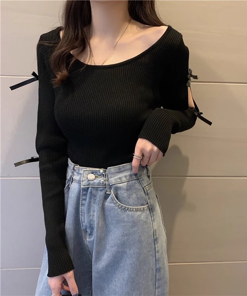 Lace Ladies(レースレディース)の「袖リボン オープンカット リブ ニット プルオーバー(Tシャツ/カットソー・レディース・ブラック/ホワイト・FREE)」の7枚目の写真