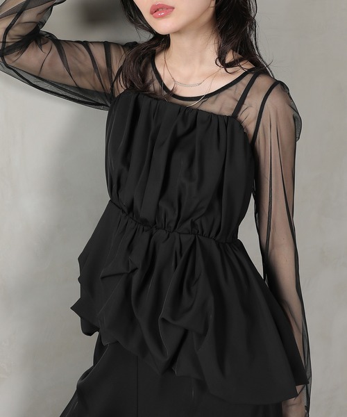 Kana（カナ）の「チュールトップス ペプラムキャミビスチェ パンツ 3点セット パーティー ドレス 結婚式 お呼ばれ オケージョン（パンツドレス・レディース・チャコールグレー/ブラック/カーキ/ネイビー・S/M/L）」の8枚目の写真