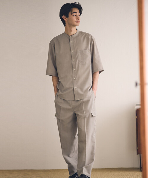 COMME CA ISM（コムサイズム）の「【セットアップ対応】リネンライク ポリエステル バンドカラー ５分袖シャツ（シャツ/ブラウス・メンズ・ベージュ/カーキ/ブラック・X-LARGE/LARGE/MEDIUM/SMALL）」の5枚目の写真