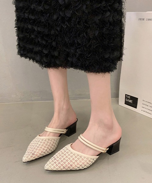Lace Ladies(レースレディース)の「ツイード柄 シースルー ポインテッドトゥ ストラップ ミュール サンダル(サンダル・レディース・アイボリー/ブラック・23cm/23.5cm/24cm/24.5cm/25cm/22.5cm)」の1枚目の写真