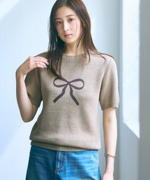 slattgir | 高身長 ジャガードリボン柄半袖ニットプルオーバー(トールサイズ)Essenave(ニット/セーター)