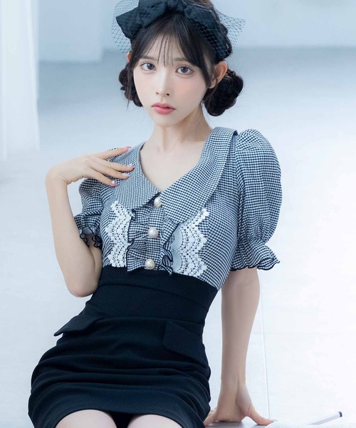 【韓国発】パフスリーブ プリンティング ミニキャバドレス XSサイズあり【ROBE de FLEURS/ローブドフルール】センター