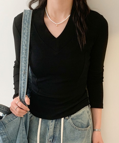 aimoha（アイモハ）の「Vネックリブニット（Tシャツ/カットソー・レディース・グレー/ホワイト/ブラック・MEDIUM/LARGE/X-LARGE/XX-LARGE）」の16枚目の写真