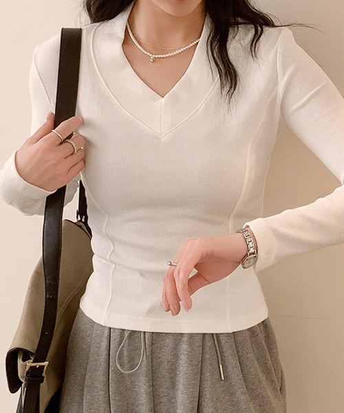 aimoha（アイモハ）の「Vネックリブニット（Tシャツ/カットソー・レディース・グレー/ホワイト/ブラック・MEDIUM/LARGE/X-LARGE/XX-LARGE）」の9枚目の写真