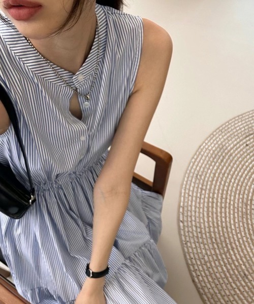 LAFFMO（ラフモ）の「バンドカラーノースリーブワンピース（ワンピース・レディース・オレンジ/ピンク/ブラック/ブルー・F）」の9枚目の写真