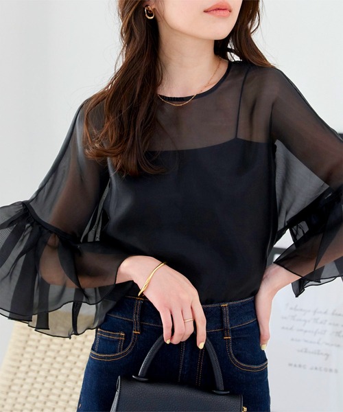 KOBE LETTUCE（コウベレタス）の「シアーフリルスリーブブラウス（シャツ/ブラウス・レディース・ブラック/ピンク/オフホワイト・M）」の2枚目の写真