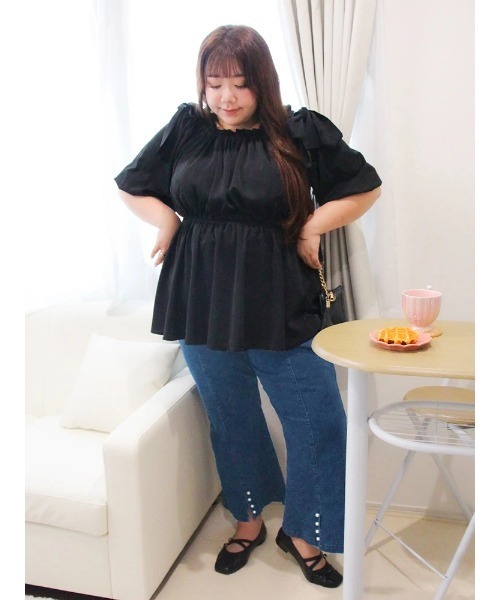 Re-J&SUPURE（リジェイアンドスプル）の「【大きいサイズ】【Kannaコラボ】肩リボンプルオーバー（Tシャツ/カットソー・レディース・ブラック/ピンク・XX-LARGE/XXX-LARGE/XXXX-LARGE）」の17枚目の写真