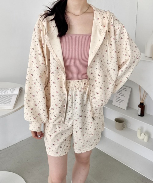 セール】【セットアップ】小花柄ワッフルパーカー+ショートパンツ