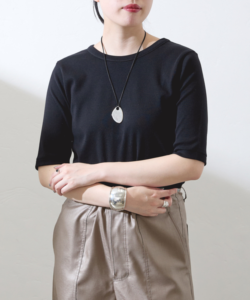 IENA（イエナ）の「《追加2》コットンフライスハーフスリーブプルオーバー（Tシャツ/カットソー・レディース・ブラック/ホワイト/ベージュ・FREE）」の5枚目の写真