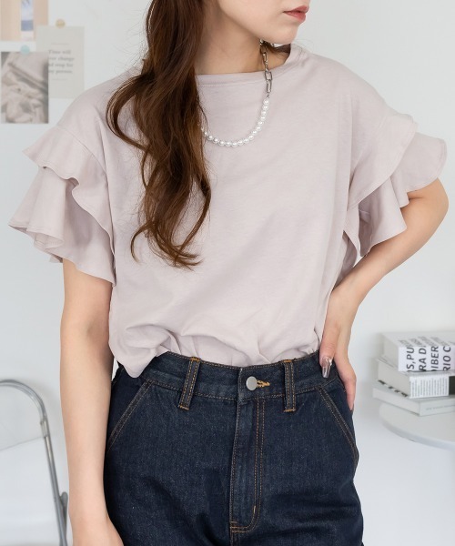 RCD(アールシーディー)の「袖ダブルフリルTシャツ(Tシャツ/カットソー・レディース・ブラック/ホワイト/ピンクベージュ/カーキ・LL~3L/M-L)」の4枚目の写真