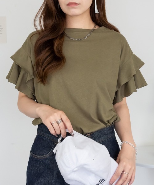 RCD(アールシーディー)の「袖ダブルフリルTシャツ(Tシャツ/カットソー・レディース・ブラック/ホワイト/ピンクベージュ/カーキ・LL~3L/M-L)」の3枚目の写真