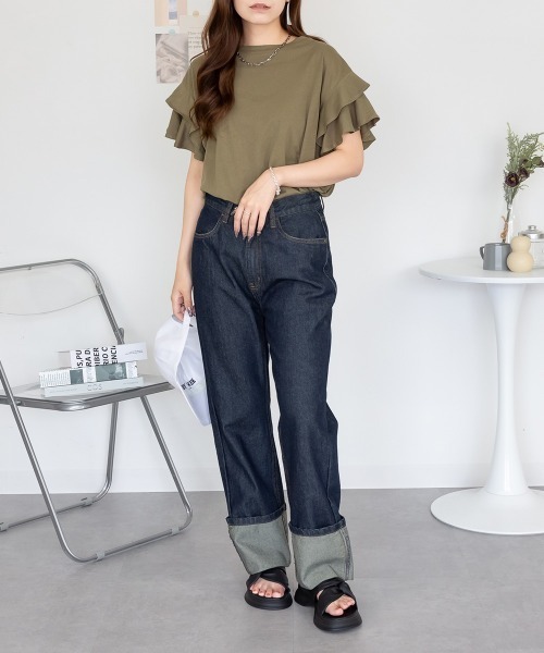 RCD(アールシーディー)の「袖ダブルフリルTシャツ(Tシャツ/カットソー・レディース・ブラック/ホワイト/ピンクベージュ/カーキ・LL~3L/M-L)」の16枚目の写真