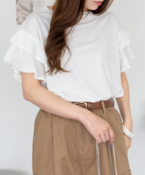 RCD(アールシーディー)の「袖ダブルフリルTシャツ(Tシャツ/カットソー・レディース・ブラック/ホワイト/ピンクベージュ/カーキ・LL~3L/M-L)」の5枚目の写真