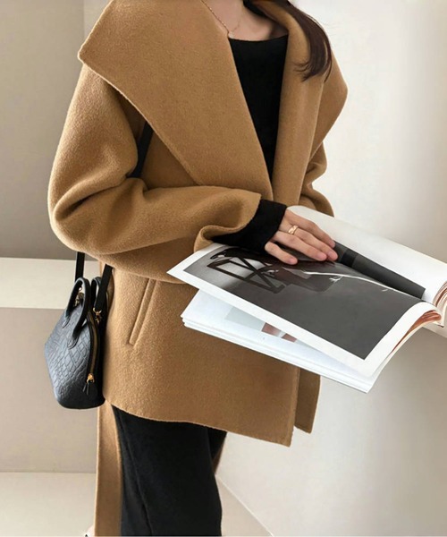 ウエストベルト付きオーバーラップカラーショートコート（その他