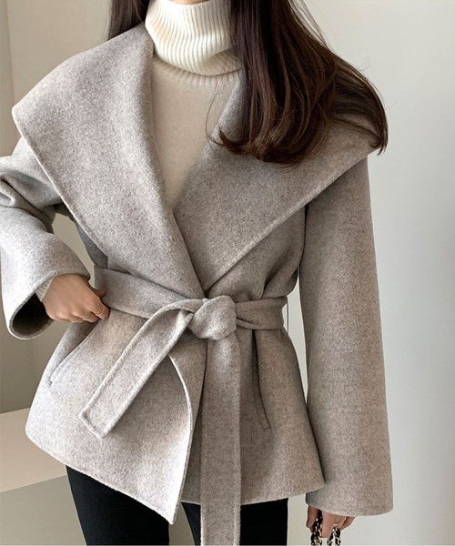 ウエストベルト付きオーバーラップカラーショートコート（その他