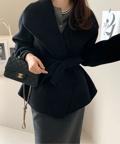 ウエストベルト付きオーバーラップカラーショートコート（その他