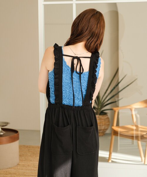 カスタネ　フリルサロペット　サイズ1 ブラック セール】【2サイズ展開/低身長サイズ/着丈調節可】フリル