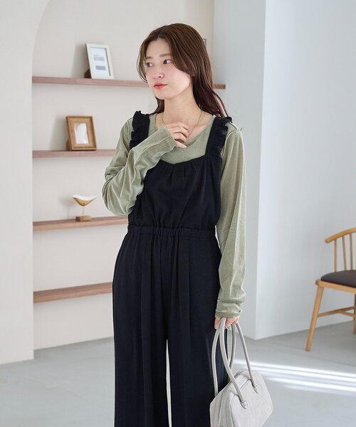 カスタネ　フリルサロペット　サイズ1 ブラック セール】【2サイズ展開/低身長サイズ/着丈調節可】フリル