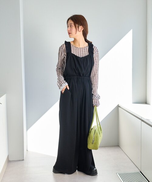 カスタネ　フリルサロペット　サイズ1 ブラック セール】【2サイズ展開/低身長サイズ/着丈調節可】フリルサロペット