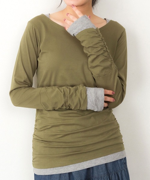 MARAI(マーライ)の「フェイクレイヤード長袖カットソー(Tシャツ/カットソー・レディース・モカ/ネイビー/ホワイト/ブルーグリーン/ワイン/カーキ/ブラック/チャコールグレー/ブルー/杢グレー・3L/L/LL/M/4L)」の7枚目の写真