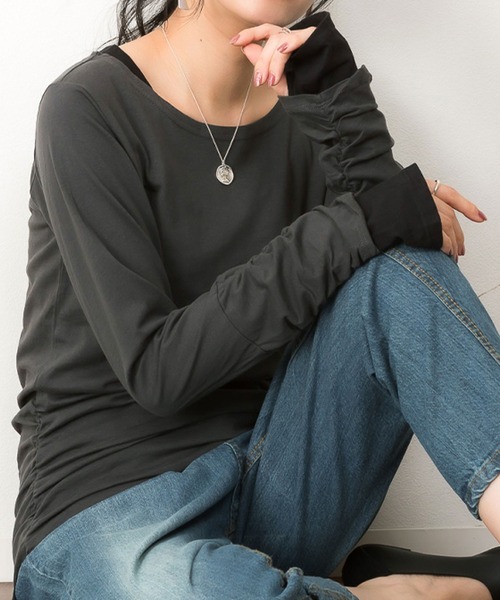 MARAI(マーライ)の「フェイクレイヤード長袖カットソー(Tシャツ/カットソー・レディース・モカ/ネイビー/ホワイト/ブルーグリーン/ワイン/カーキ/ブラック/チャコールグレー/ブルー/杢グレー・3L/L/LL/M/4L)」の4枚目の写真