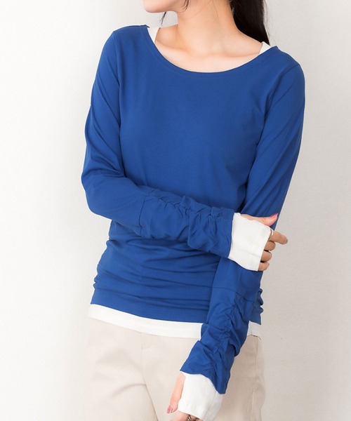 MARAI(マーライ)の「フェイクレイヤード長袖カットソー(Tシャツ/カットソー・レディース・モカ/ネイビー/ホワイト/ブルーグリーン/ワイン/カーキ/ブラック/チャコールグレー/ブルー/杢グレー・3L/L/LL/M/4L)」の9枚目の写真
