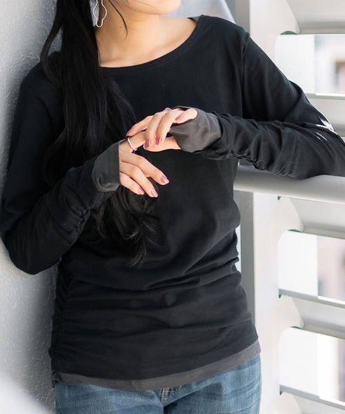 MARAI(マーライ)の「フェイクレイヤード長袖カットソー(Tシャツ/カットソー・レディース・モカ/ネイビー/ホワイト/ブルーグリーン/ワイン/カーキ/ブラック/チャコールグレー/ブルー/杢グレー・3L/L/LL/M/4L)」の3枚目の写真