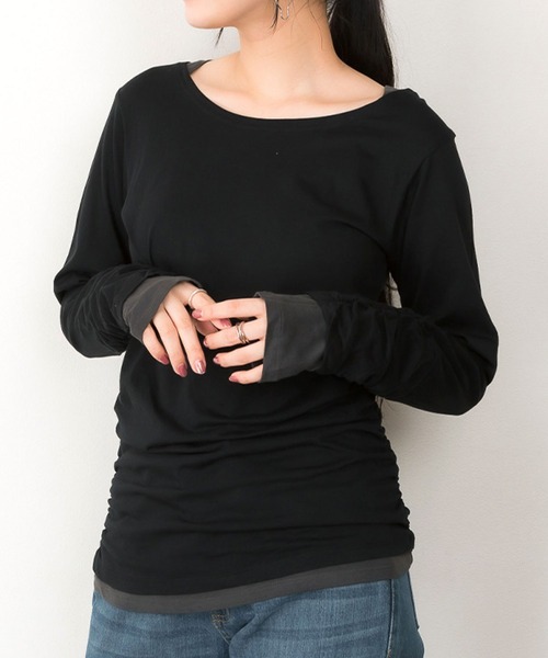 MARAI(マーライ)の「フェイクレイヤード長袖カットソー(Tシャツ/カットソー・レディース・モカ/ネイビー/ホワイト/ブルーグリーン/ワイン/カーキ/ブラック/チャコールグレー/ブルー/杢グレー・3L/L/LL/M/4L)」の12枚目の写真