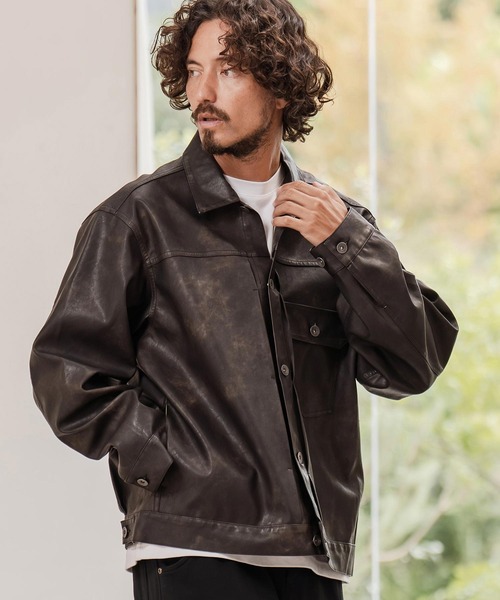 mj11206-ヴィンテージライクシンセティックレザーGジャン（ブルゾン