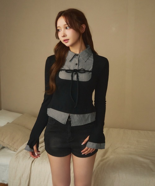 ARCHIVIO ストライプセーター 襟付きハイゲージ編みニットプルオーバーsdpxyf6301 グレー – [公式