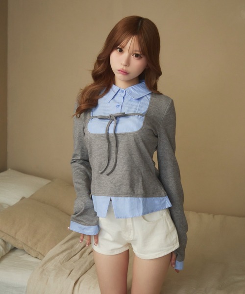 TITTY&CO.（ティティーアンドコー）の「ストライプシャツドッキングニット（ニット/セーター・レディース・ブラック/グレー・FREE）」の3枚目の写真