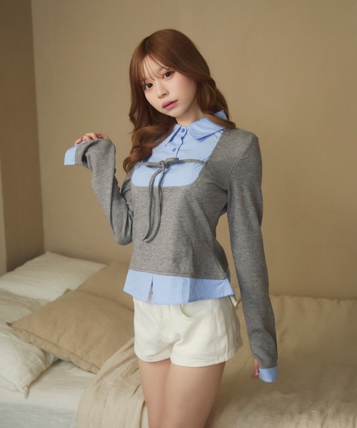 TITTY&CO.（ティティーアンドコー）の「ストライプシャツドッキングニット（ニット/セーター・レディース・ブラック/グレー・FREE）」の18枚目の写真