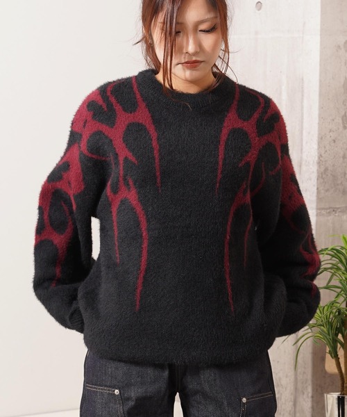 1111clothing(ワンフォークロージング)の「トライバル柄 ルーズ フェザーニット / Tribal Pattern Loose Feather Knit(ニット/セーター・メンズ・ブラック系1/ボルドー/ナチュラル/ブラック系2・M/L)」の2枚目の写真