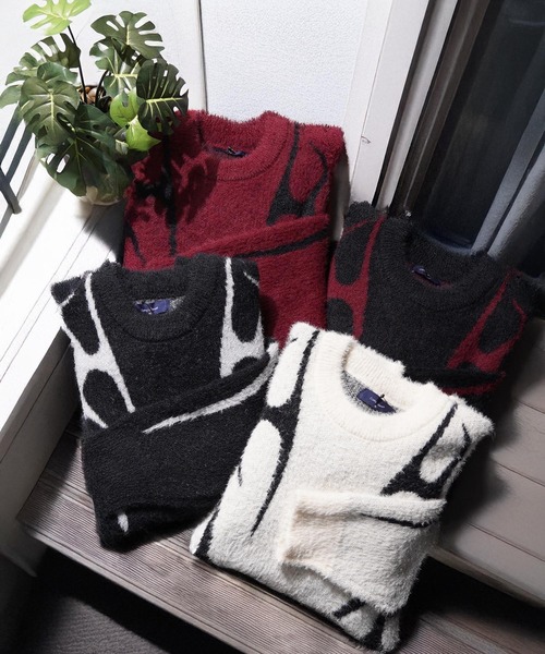 1111clothing(ワンフォークロージング)の「トライバル柄 ルーズ フェザーニット / Tribal Pattern Loose Feather Knit(ニット/セーター・メンズ・ブラック系1/ボルドー/ナチュラル/ブラック系2・M/L)」の17枚目の写真