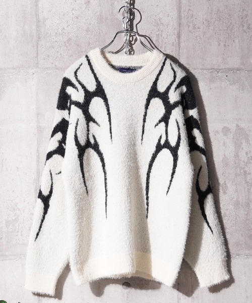 1111clothing(ワンフォークロージング)の「トライバル柄 ルーズ フェザーニット / Tribal Pattern Loose Feather Knit(ニット/セーター・メンズ・ブラック系1/ボルドー/ナチュラル/ブラック系2・M/L)」の22枚目の写真