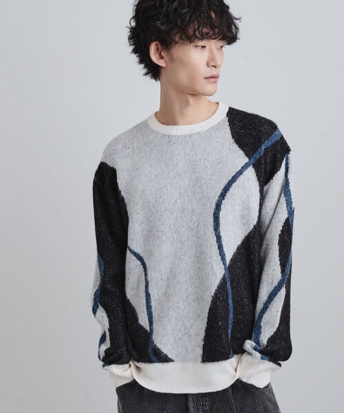 tk.TAKEO KIKUCHI（ティーケータケオキクチ）の「コンプリケートラインアートプルオーバー（ニット/セーター・メンズ・ブラック/オフホワイト/ブルー系その他・02/03）」の5枚目の写真
