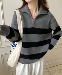 ハーフジップ」に該当するニット/セーター（ボーダー柄）ファッション