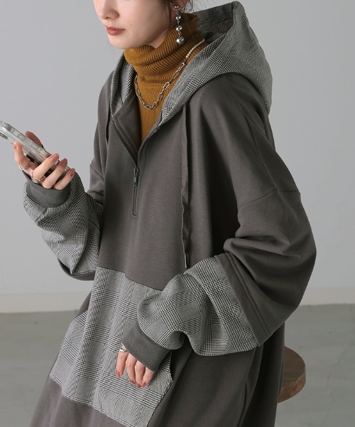 HUG.U(ハグユー)の「メリハリ異素材 ロングパーカーワンピース(ワンピース・レディース・グレー系その他/ブラック系その他・FREE)」の7枚目の写真