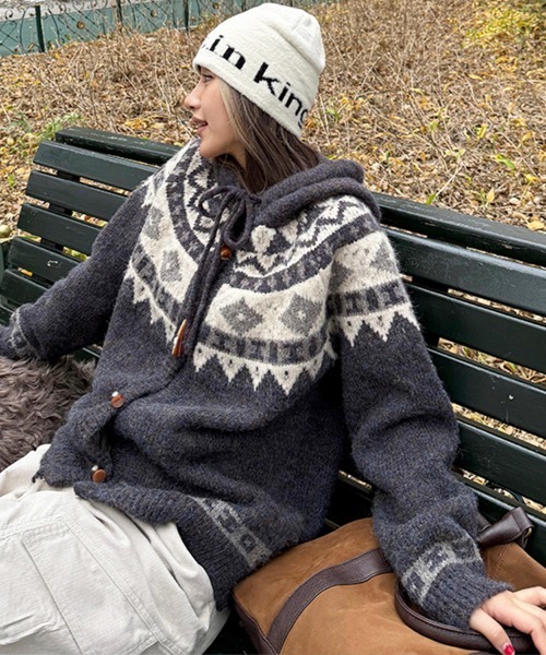 韓国ファッション フード付きノルディックカーディガン（パーカー