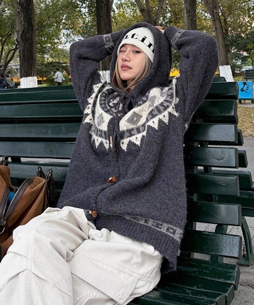 韓国ファッション フード付きノルディックカーディガン（パーカー