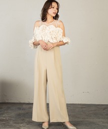 ボリュームフリルビスチェ シアー オールインワン パンツドレス セット 結婚式 パーティードレス オケージョンドレス パンツスタイル お呼ばれ 二次会 成人式 同窓会 謝恩会