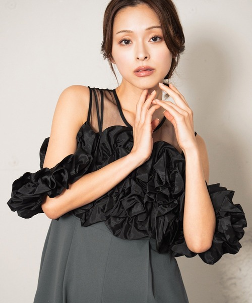 girl(ガール)の「ボリュームフリルビスチェ シアー オールインワン パンツドレス セット 結婚式 パーティードレス オケージョンドレス パンツスタイル お呼ばれ 二次会 成人式 同窓会 謝恩会(パンツドレス・レディース・ベージュ系/グレー系その他/オレンジ系その他・S/M/L/2L)」の6枚目の写真