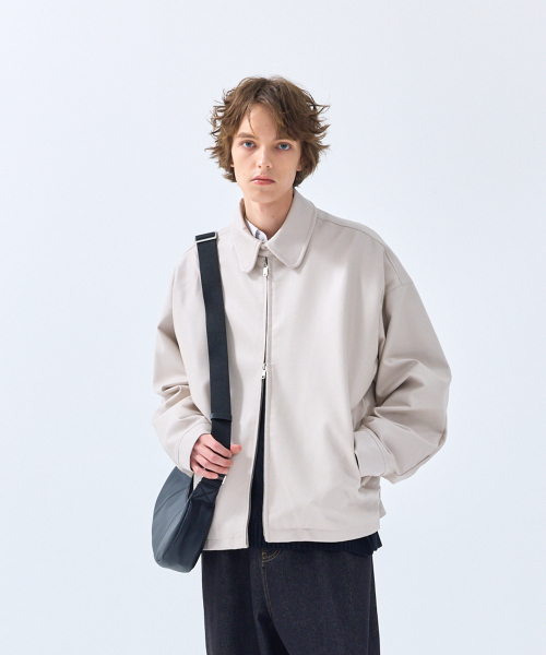 86-IRO349 ミニマルネックボタンレザージャケットアイボリー