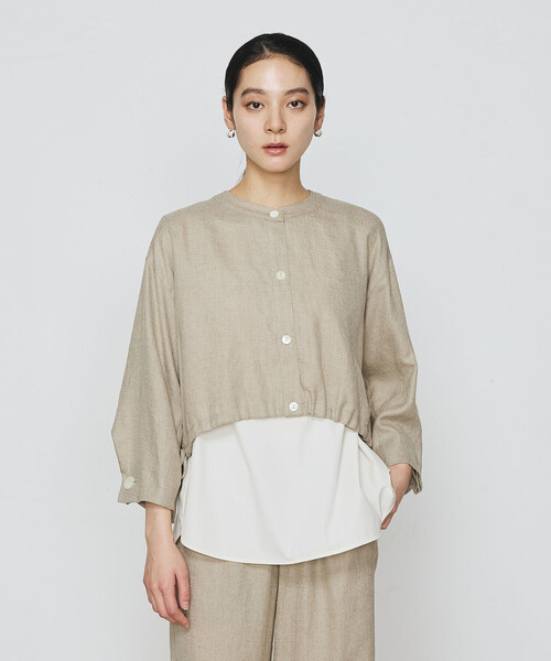 Gabardine K.T(ギャバジンケーティー)の「〔 +サイズ 〕 麻調合繊 レイヤードブルゾン(シャツ/ブラウス・レディース・キナリ/ブラック・13号/17号)」の2枚目の写真