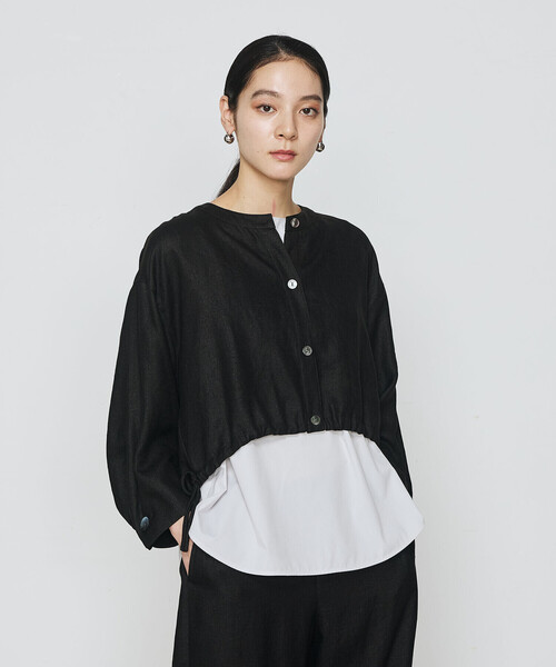 Gabardine K.T(ギャバジンケーティー)の「〔 +サイズ 〕 麻調合繊 レイヤードブルゾン(シャツ/ブラウス・レディース・キナリ/ブラック・13号/17号)」の1枚目の写真