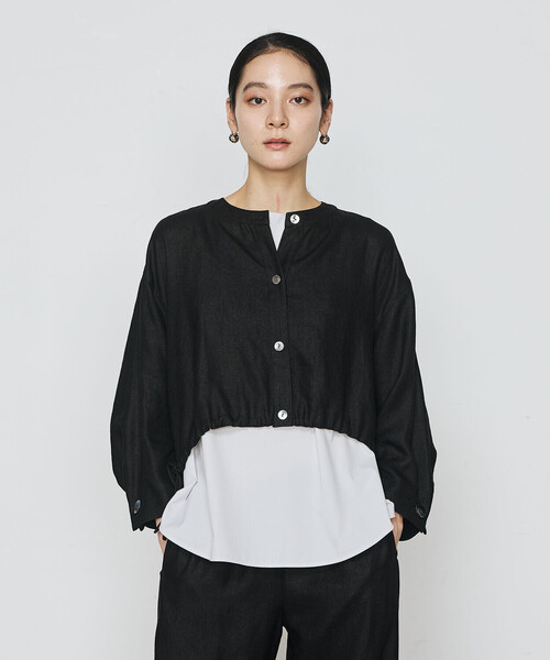 Gabardine K.T(ギャバジンケーティー)の「〔 +サイズ 〕 麻調合繊 レイヤードブルゾン(シャツ/ブラウス・レディース・キナリ/ブラック・13号/17号)」の5枚目の写真
