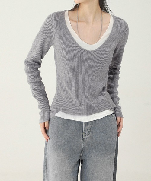 Miniministore（ミニミニストア）の「ニットトップス レイヤード風 Vネック服（ニット/セーター・レディース・ブラック/ベージュ/グレー・FREE）」の6枚目の写真