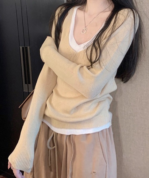 Miniministore（ミニミニストア）の「ニットトップス レイヤード風 Vネック服（ニット/セーター・レディース・ブラック/ベージュ/グレー・FREE）」の8枚目の写真