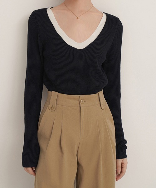 Miniministore（ミニミニストア）の「ニットトップス レイヤード風 Vネック服（ニット/セーター・レディース・ブラック/ベージュ/グレー・FREE）」の9枚目の写真