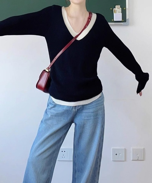 Miniministore（ミニミニストア）の「ニットトップス レイヤード風 Vネック服（ニット/セーター・レディース・ブラック/ベージュ/グレー・FREE）」の10枚目の写真